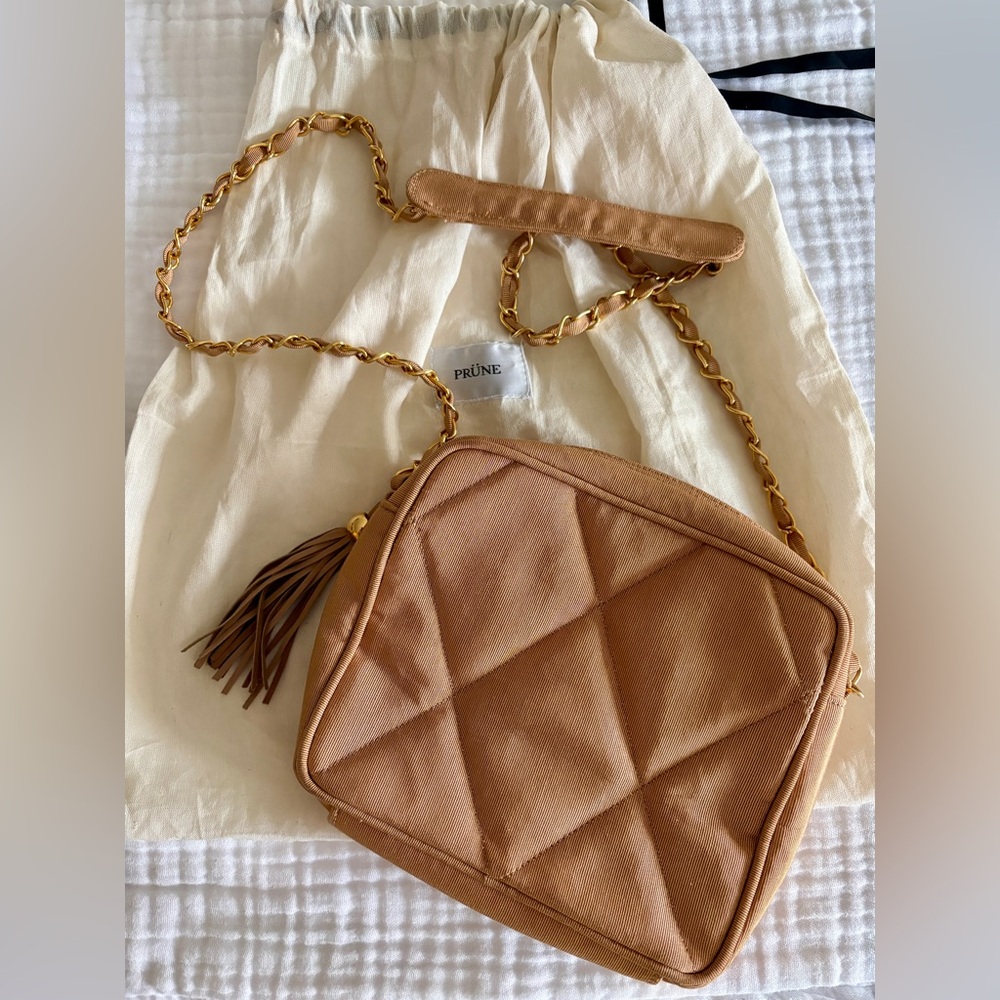 PRUNE Camel Quilted Crossbody Bag w/ Tassel. Cotton/Silk Vintage. Chic bag!